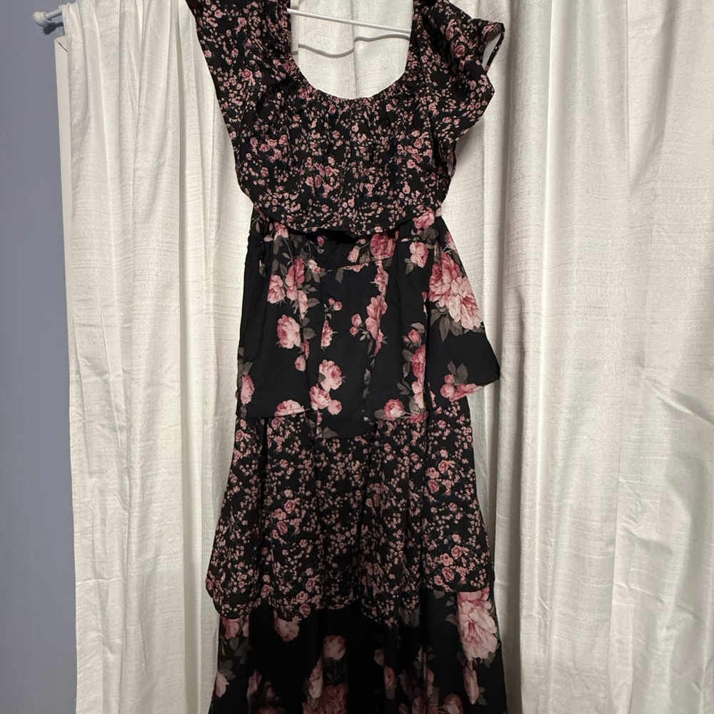 SOLD Off Shoulder Floral Black and Pink Dress